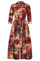Terry Dress Shirt Collar 3/4 Sleeve Midi Plus Length Poliamide Taffta (Fiori Poppy Dark)