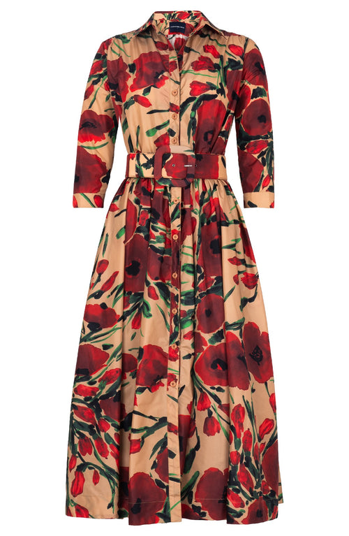 Terry Dress Shirt Collar 3/4 Sleeve Midi Plus Length Poliamide Taffta (Fiori Poppy Dark)