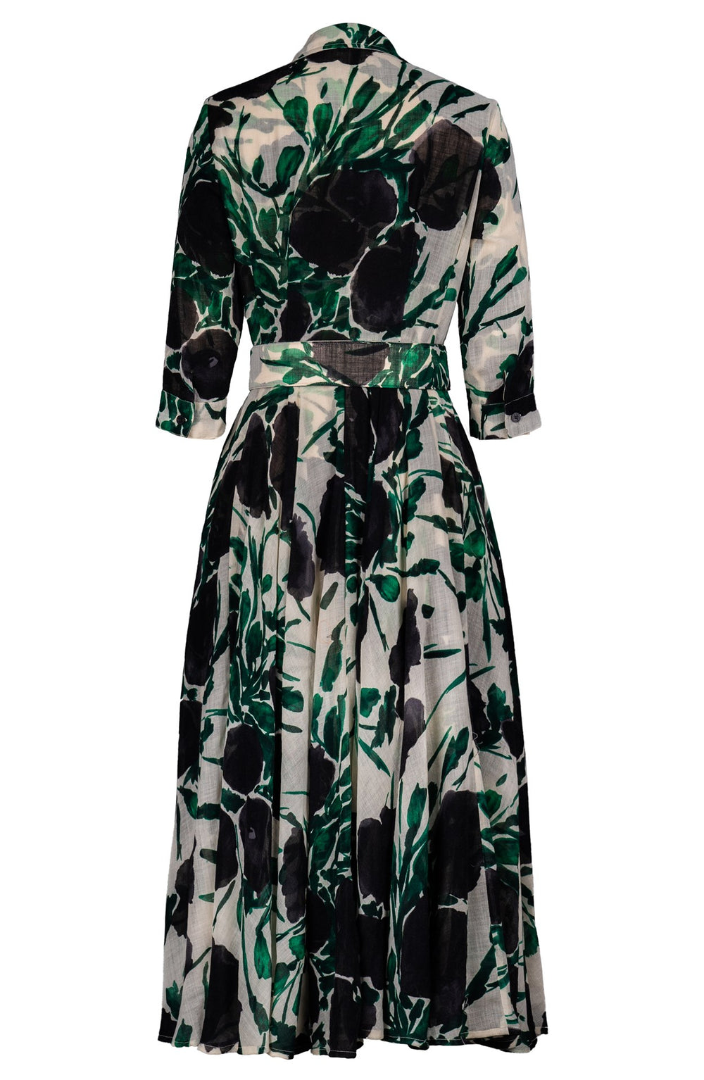 Aster Dress Shirt Collar 3/4 Sleeve Midi Plus Length Wool (Fiori Poppy Dark) - Ivory Black