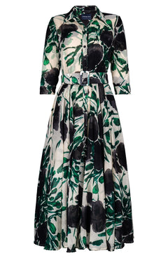 Aster Dress Shirt Collar 3/4 Sleeve Midi Plus Length Wool (Fiori Poppy Dark) - Ivory Black
