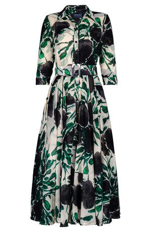 Aster Dress Shirt Collar 3/4 Sleeve Midi Plus Length Wool (Fiori Poppy Dark) - Ivory Black