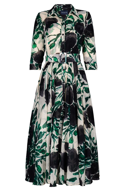 Aster Dress Shirt Collar 3/4 Sleeve Midi Plus Length Wool (Fiori Poppy Dark) - Ivory Black