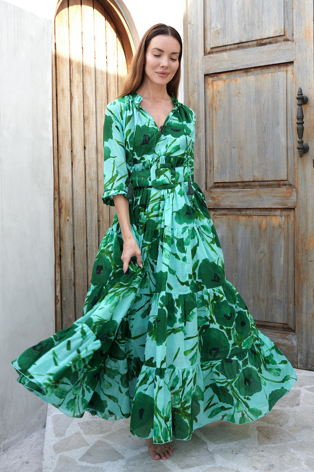 Eden Dress Crew Neck 3/4 Sleeve Maxi Length Cotton Musola (Fiori Poppy Big Pastel)