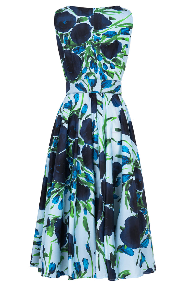 Aster Dress Boat Neck Sleeveless Midi Length Silk Taffta (Fiori Poppy Pastel)