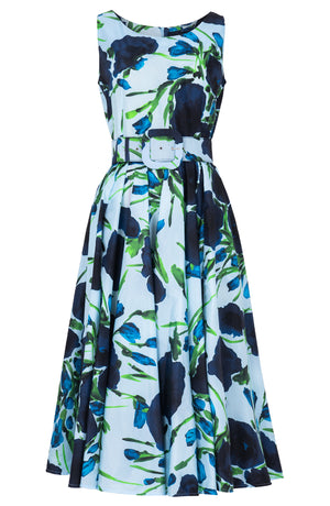 Aster Dress Boat Neck Sleeveless Midi Length Silk Taffta (Fiori Poppy Pastel)