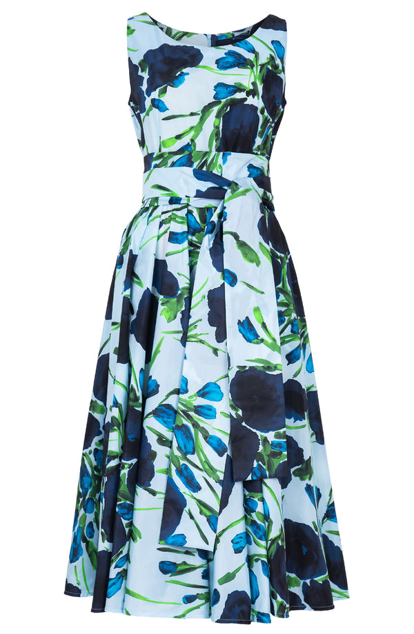 Aster Dress Boat Neck Sleeveless Midi Length Silk Taffta (Fiori Poppy Pastel)