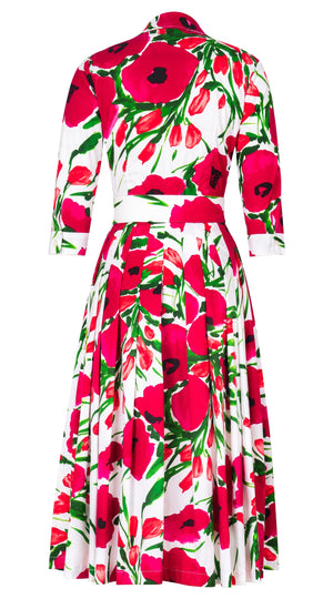 Audrey Dress #2 Shirt Collar 3/4 Sleeve Midi Length Cotton Stretch (Fiori Poppy Big White)