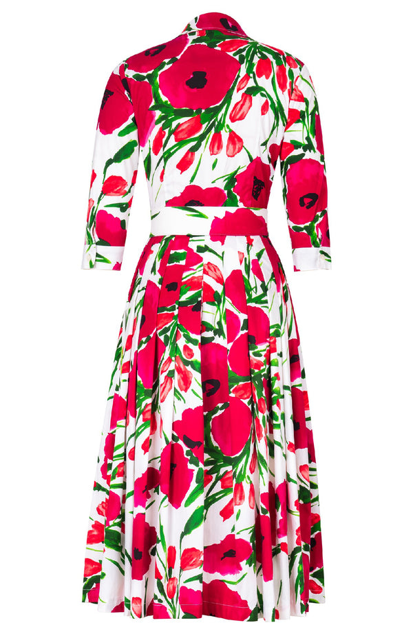 Audrey Dress #2 Shirt Collar 3/4 Sleeve Midi Length Cotton Stretch (Fiori Poppy White)