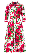 Audrey Dress #2 Shirt Collar 3/4 Sleeve Midi Length Cotton Stretch (Fiori Poppy Big White)