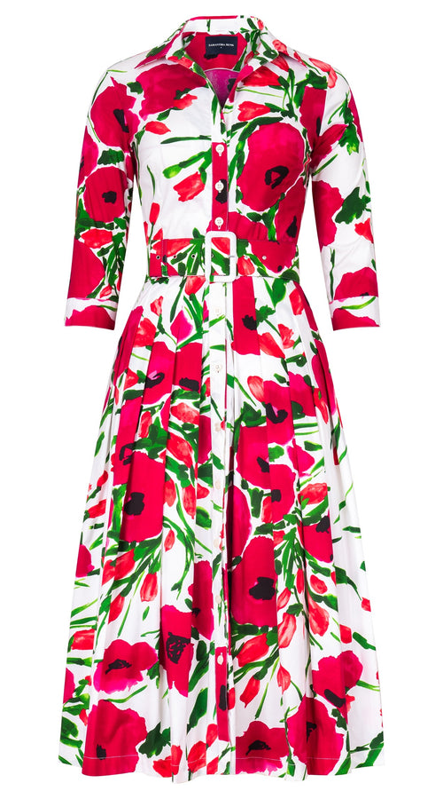 Audrey Dress #2 Shirt Collar 3/4 Sleeve Midi Length Cotton Stretch (Fiori Poppy Big White)