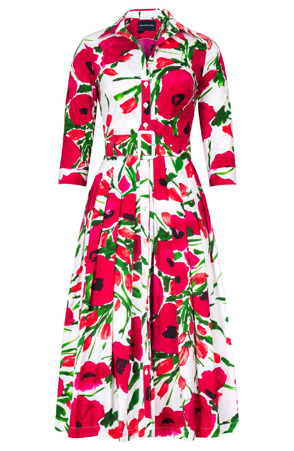 Audrey Dress #2 Shirt Collar 3/4 Sleeve Midi Length Cotton Stretch (Fiori Poppy White)