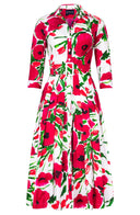 Audrey Dress #2 Shirt Collar 3/4 Sleeve Midi Length Cotton Stretch (Fiori Poppy White)