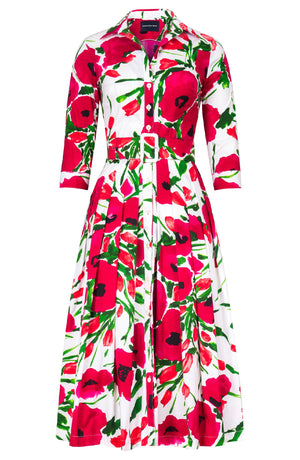 Audrey Dress #2 Shirt Collar 3/4 Sleeve Midi Length Cotton Stretch (Fiori Poppy White)