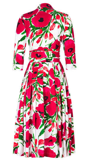 Audrey Dress #2 Shirt Collar 3/4 Sleeve Midi Length Cotton Stretch (Fiori Poppy Big White)