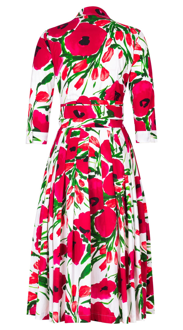 Audrey Dress #2 Shirt Collar 3/4 Sleeve Midi Length Cotton Stretch (Fiori Poppy Big White)