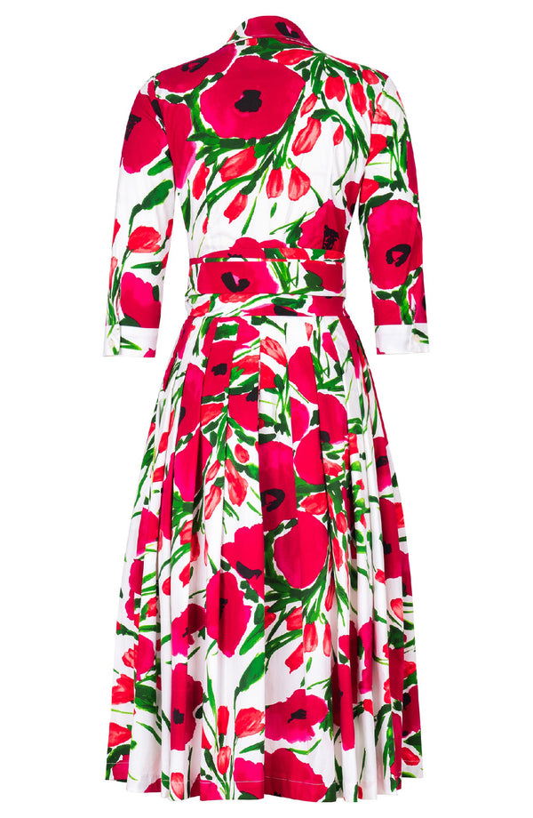 Audrey Dress #2 Shirt Collar 3/4 Sleeve Midi Length Cotton Stretch (Fiori Poppy White)