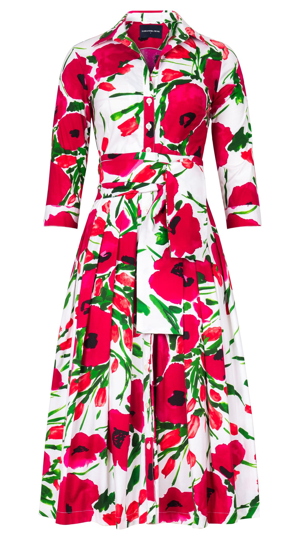Audrey Dress #2 Shirt Collar 3/4 Sleeve Midi Length Cotton Stretch (Fiori Poppy Big White)