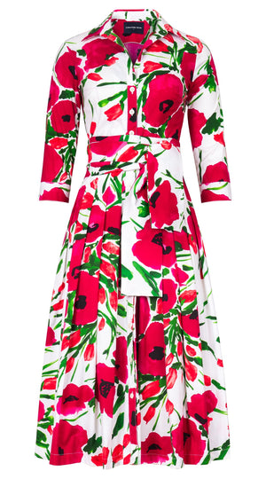 Audrey Dress #2 Shirt Collar 3/4 Sleeve Midi Length Cotton Stretch (Fiori Poppy Big White)