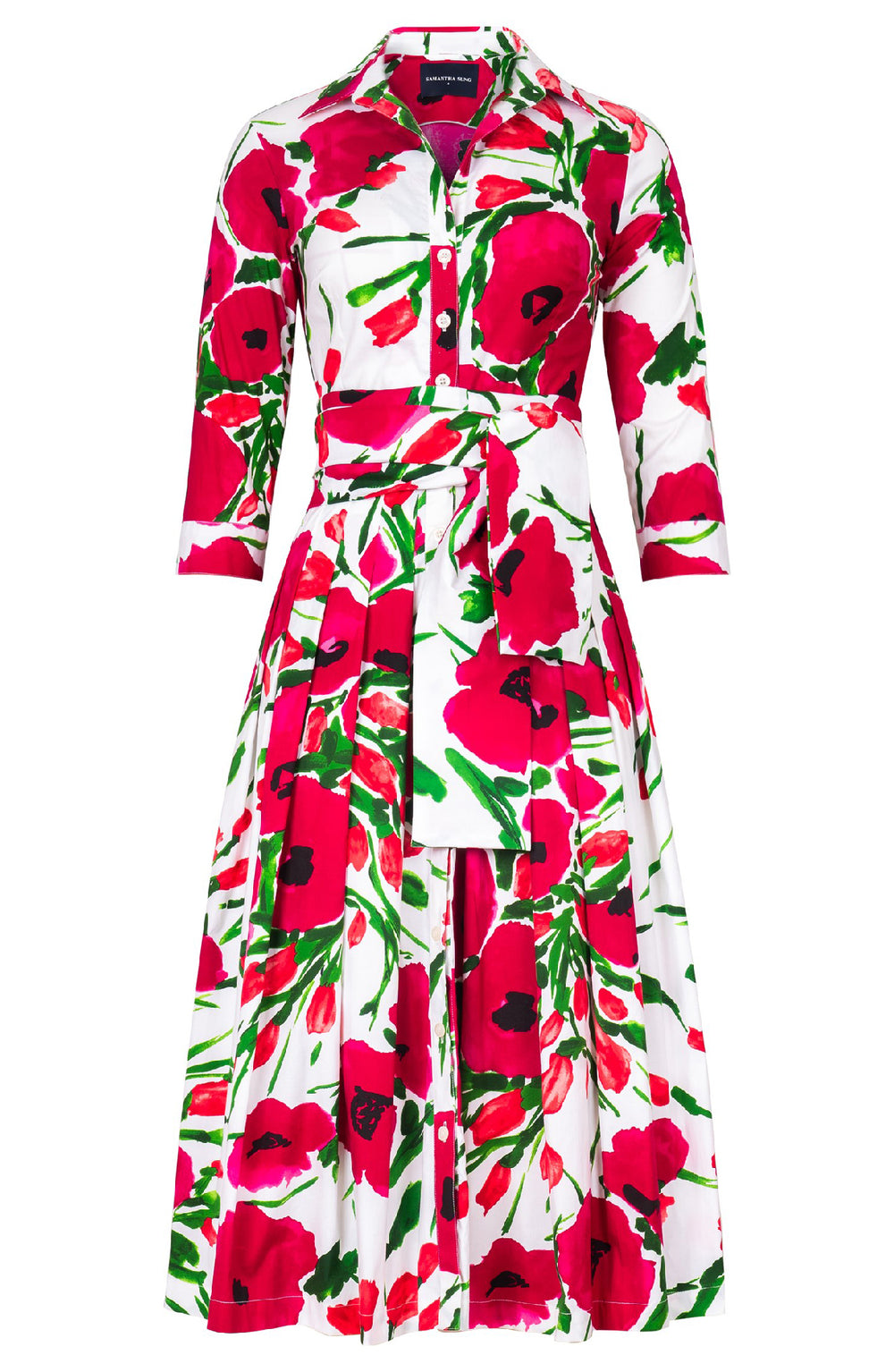 Audrey Dress #2 Shirt Collar 3/4 Sleeve Midi Length Cotton Stretch (Fiori Poppy White)