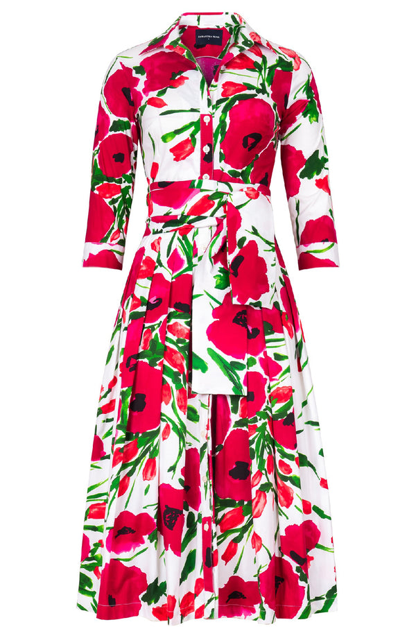 Audrey Dress #2 Shirt Collar 3/4 Sleeve Midi Length Cotton Stretch (Fiori Poppy White)