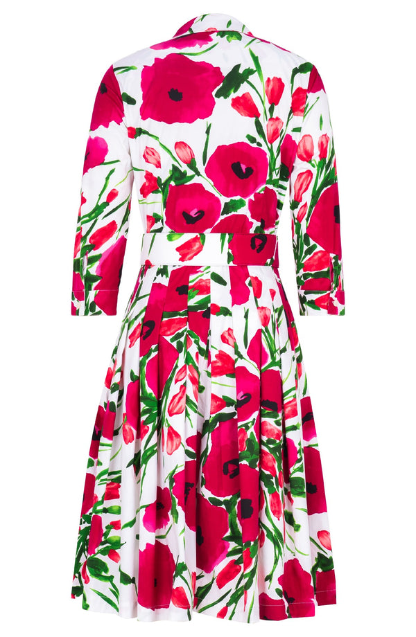 Audrey Dress #4 Shirt Collar 3/4 Sleeve Regular Length Cotton Stretch (Fiori Poppy White)