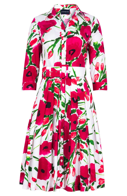 Audrey Dress #4 Shirt Collar 3/4 Sleeve Regular Length Cotton Stretch (Fiori Poppy White)