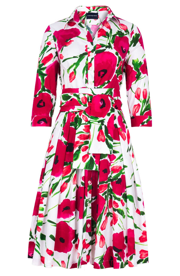 Audrey Dress #4 Shirt Collar 3/4 Sleeve Regular Length Cotton Stretch (Fiori Poppy White)