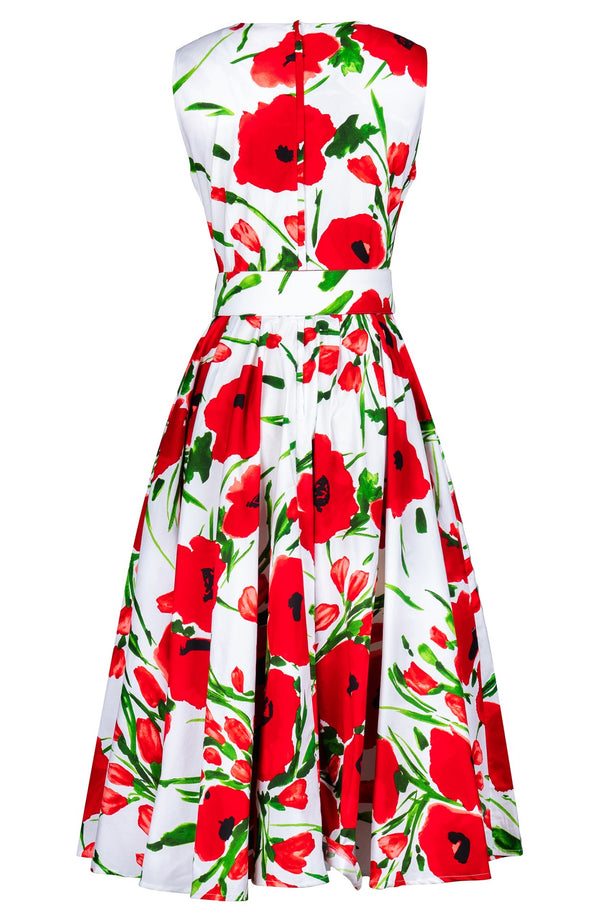 Abelia Dress Crew Neck Sleeveless Midi Length Cotton Stretch (Fiori Poppy White)