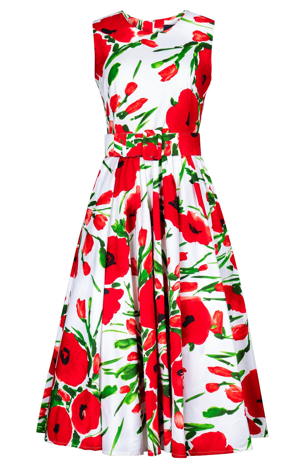 Abelia Dress Crew Neck Sleeveless Midi Length Cotton Stretch (Fiori Poppy White)