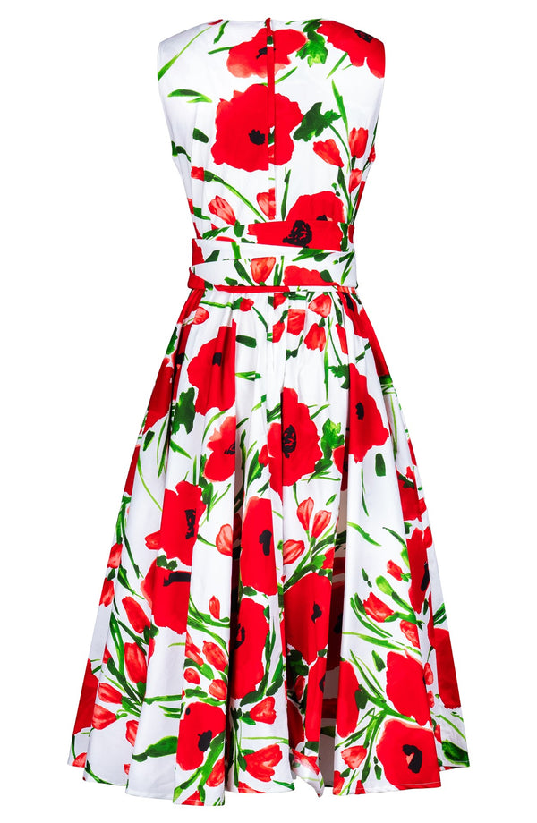 Abelia Dress Crew Neck Sleeveless Midi Length Cotton Stretch (Fiori Poppy White)