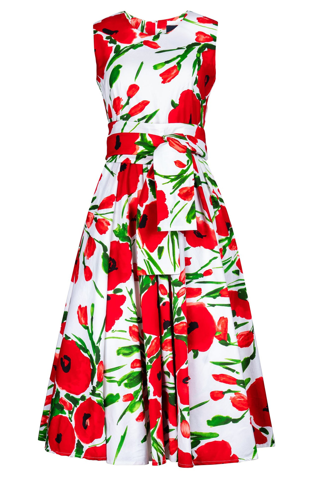 Abelia Dress Crew Neck Sleeveless Midi Length Cotton Stretch (Fiori Poppy White)