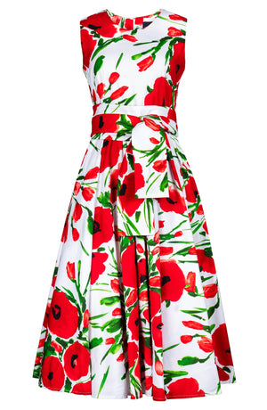 Abelia Dress Crew Neck Sleeveless Midi Length Cotton Stretch (Fiori Poppy White)
