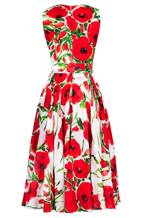 Aster Dress Crew Neck Sleeveless Midi Length Ramie (Fiori Poppy White)