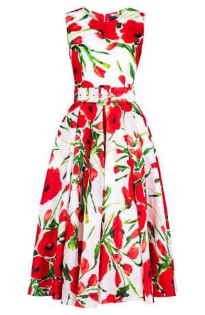Aster Dress Crew Neck Sleeveless Midi Length Ramie (Fiori Poppy White)