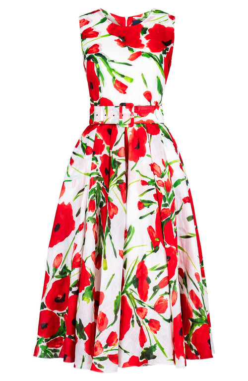 Aster Dress Crew Neck Sleeveless Midi Length Ramie (Fiori Poppy White)