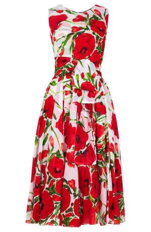 Aster Dress Crew Neck Sleeveless Midi Length Cotton Musola (Fiori Poppy White)