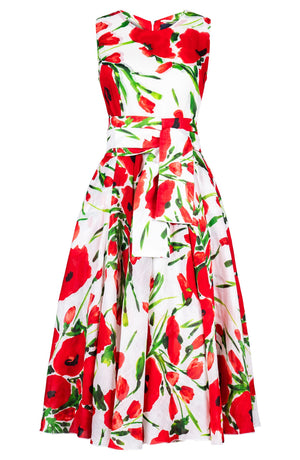 Aster Dress Crew Neck Sleeveless Midi Length Ramie (Fiori Poppy White)