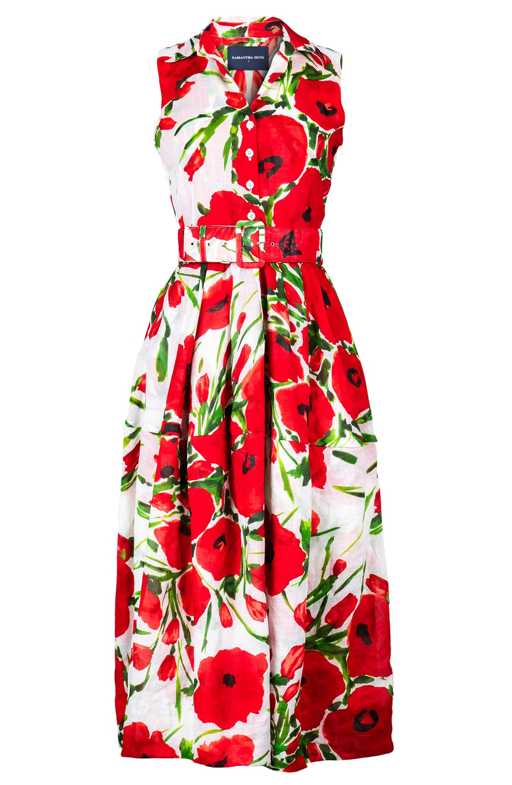 Claire Dress Shirt Collar Sleeveless Midi Plus Length Ramie (Fiori Poppy White)