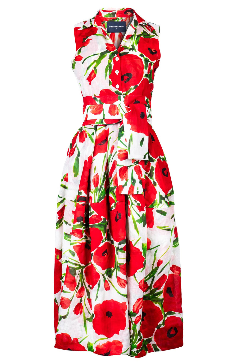 Claire Dress Shirt Collar Sleeveless Midi Plus Length Ramie (Fiori Poppy White)