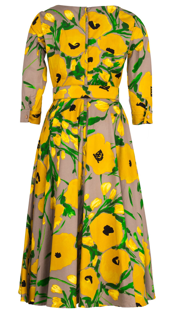 Amber Dress U Neck 3/4 Sleeve Midi Length Cotton Stretch (Fiori Poppy Big Pastel)