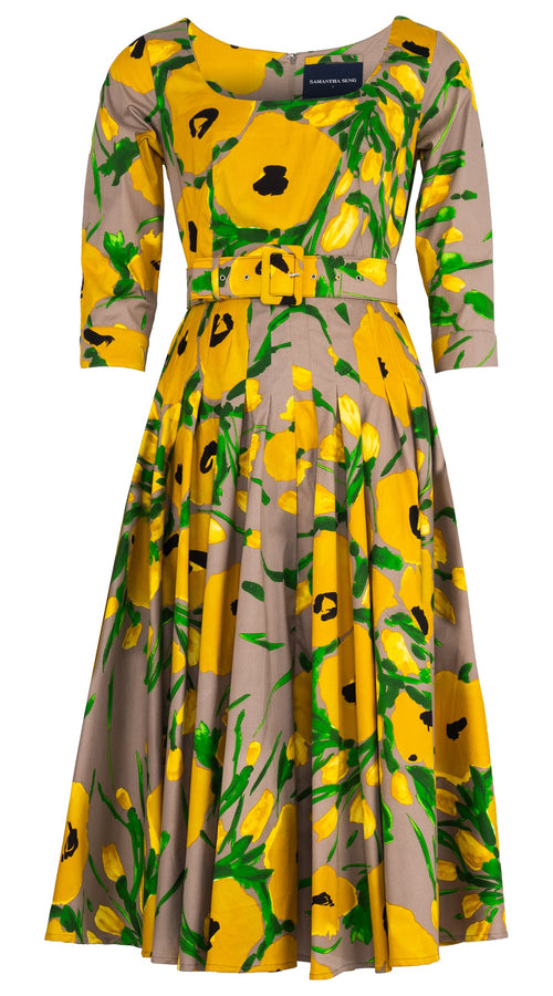 Amber Dress U Neck 3/4 Sleeve Midi Length Cotton Stretch (Fiori Poppy Big Pastel)