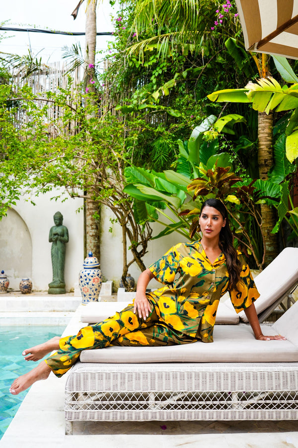 Leah Shirt & Leah Pants Silk Twill (Fiori Poppy Dark)