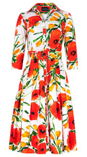 Audrey Dress #2 Shirt Collar 3/4 Sleeve Long Length Cotton Stretch (Fiori Poppy Big White)