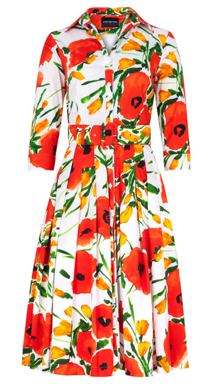 Audrey Dress #2 Shirt Collar 3/4 Sleeve Long Length Cotton Stretch (Fiori Poppy Big White)
