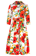 Audrey Dress #2 Shirt Collar 3/4 Sleeve Long Length Cotton Stretch (Fiori Poppy White)