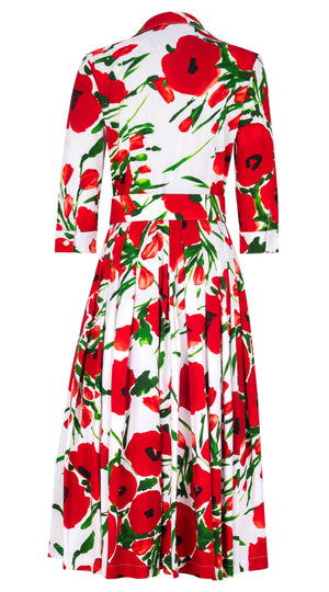 Audrey Dress #2 Shirt Collar 3/4 Sleeve Midi Length Cotton Stretch (Fiori Poppy Big White)