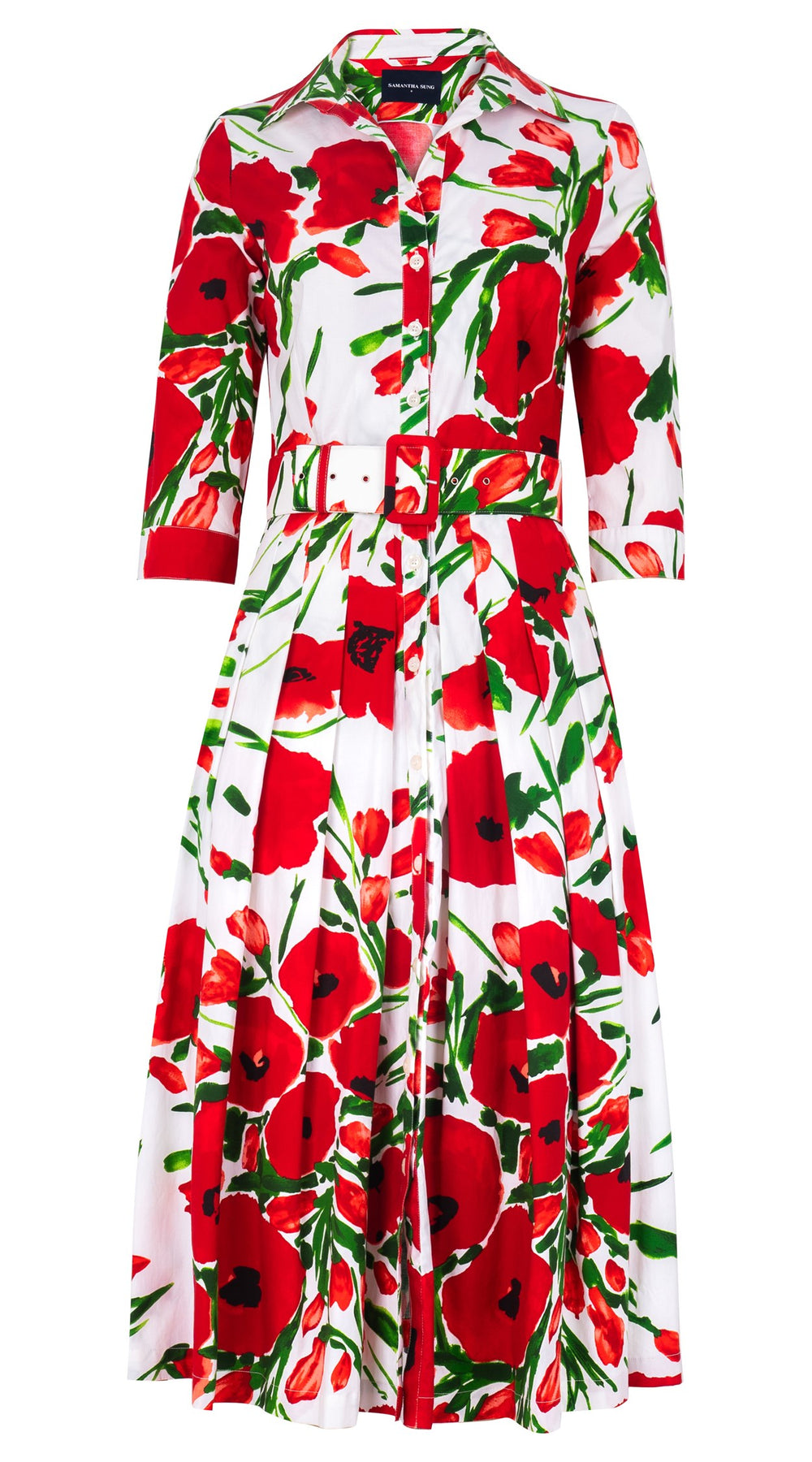 Audrey Dress #2 Shirt Collar 3/4 Sleeve Midi Length Cotton Stretch (Fiori Poppy Big White)