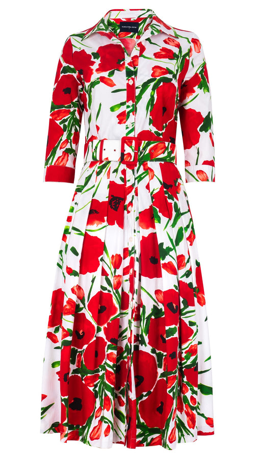 Audrey Dress #2 Shirt Collar 3/4 Sleeve Midi Length Cotton Stretch (Fiori Poppy Big White)
