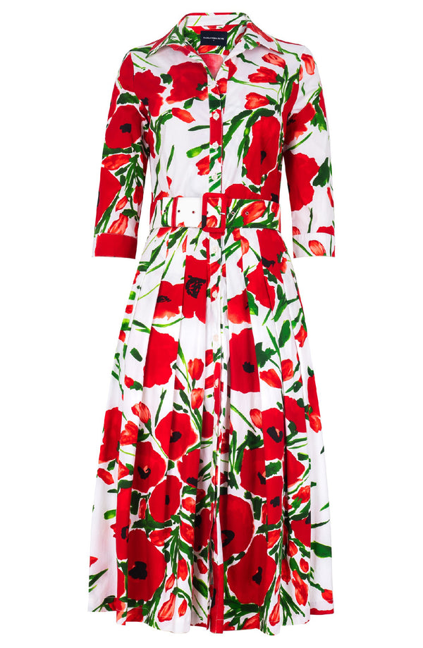 Audrey Dress #2 Shirt Collar 3/4 Sleeve Midi Length Cotton Stretch (Fiori Poppy White)