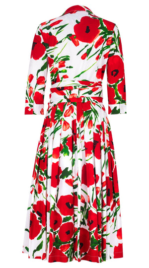 Audrey Dress #2 Shirt Collar 3/4 Sleeve Midi Length Cotton Stretch (Fiori Poppy Big White)